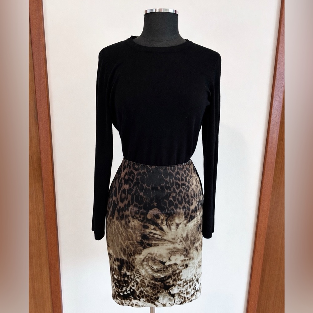 Elie Tahari Black and Brown Leopard Silk Skirt
